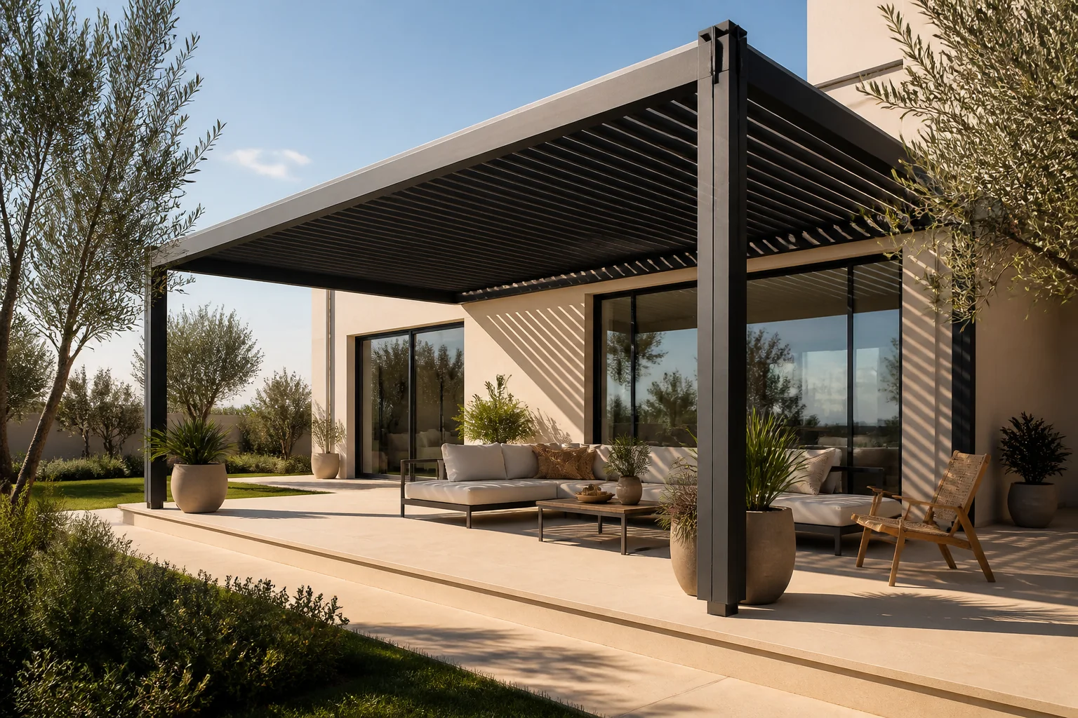 Pergola en aluminium anthracite sur une terrasse